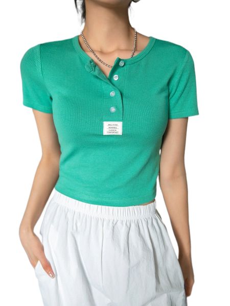 

dazy button front letter patched rib knit tee t060#, White