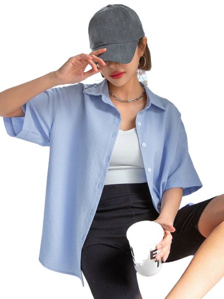 

dazy button front drop shoulder textured blouse g4k7#, White