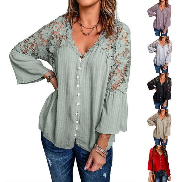 

2022 new chiffon women's dress solid color v stitching lace bubble sleeve top, White