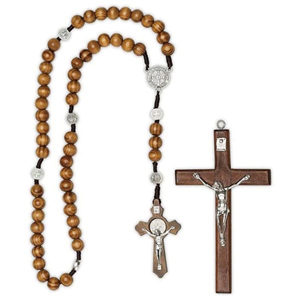 Collane con ciondolo Collana religiosa Classica perline di legno naturale Croce per uomo Donna Rosario Gioielli Accessorio di preghieraPendente