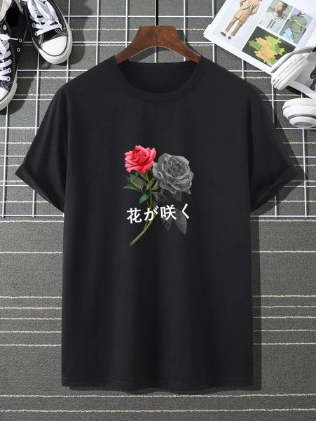 

men japanese letter & rose print tee z5j0#, White;black