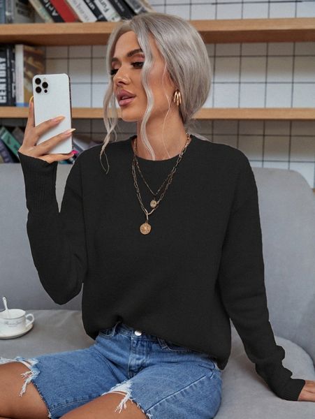 

solid drop shoulder sweater 5506#, White;black