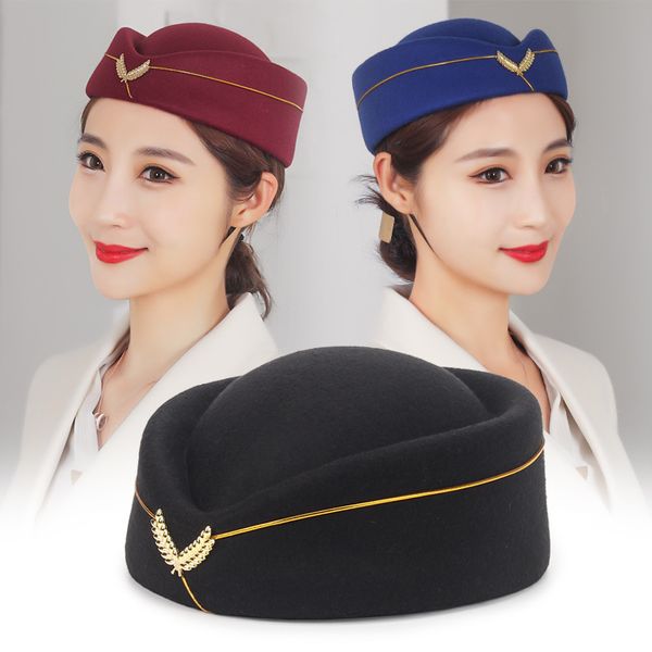 Новая стюардесса Beret Hat Party Party Copplay Wool Felt Air Hostesses Hat Hat Hat исполняет танцевальная шляпа Sexy Uniform Caps Roll