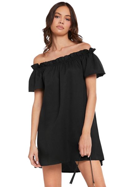

evolu off shoulder frill trim dress x8hz#, Black;gray