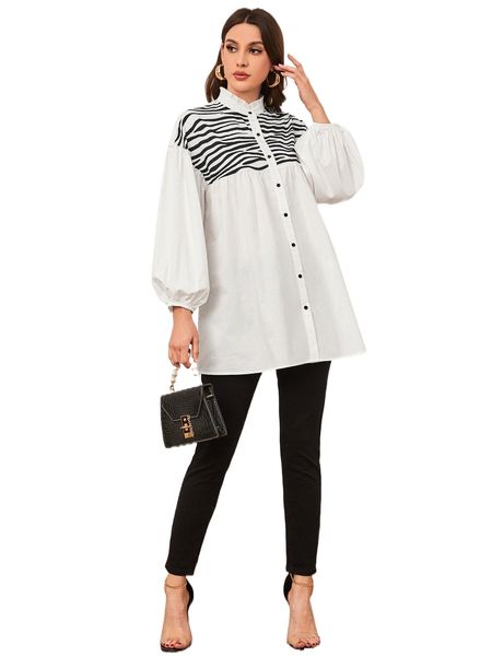 

ruffle neck zebra stripe print lantern sleeve blouse y3mo#, White