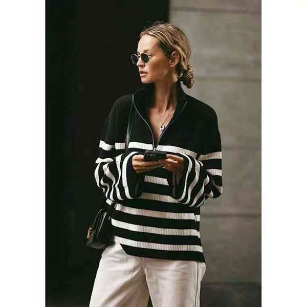 

women's knits & tees french lazy nordic minority os semi zipper black and white stripe thread high neck wool knitted sweater