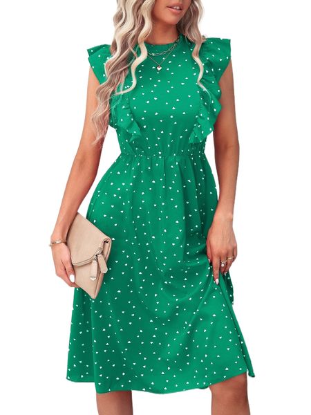 

random confetti heart print frill neck ruffle trim dress s28n#, Black;gray