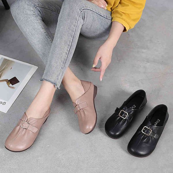 

dress shoes spring and autumn leather thick heel round head soft flat bottom low comfortable shoes single women's x3yp, Black