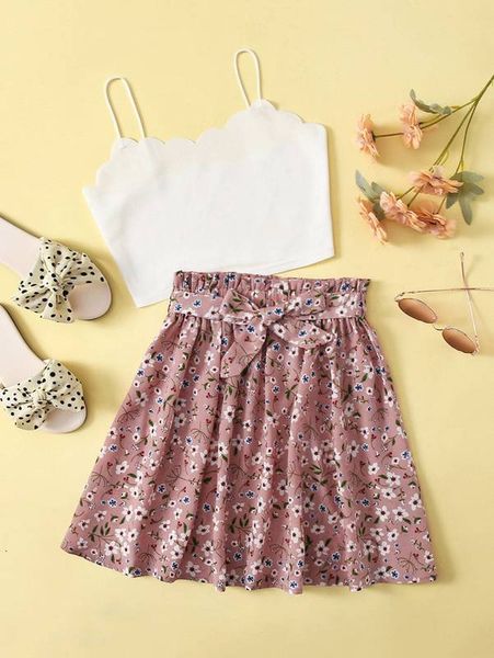 

teen girls scallop trim cami & floral skirt set she, White