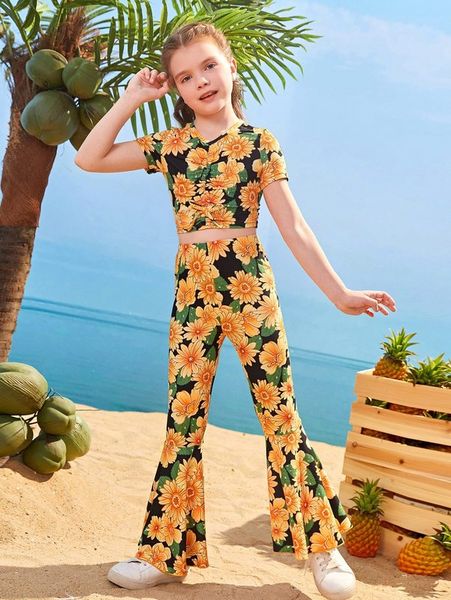 

girls floral print ruched crop tee & flare leg pants she, White