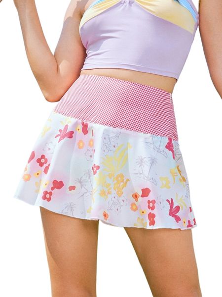 

romwe y2k revival floral & gingham print skirt f8kn#, Black
