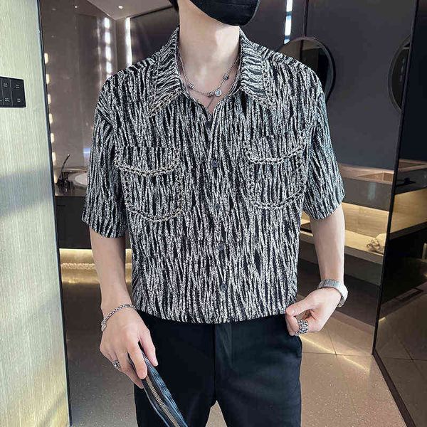 

summer loose shirts men short sleeve casual shirt fashion striped hip hop harajuku oversized shirt streetwear men clothing 2022 y220803, Black;brown