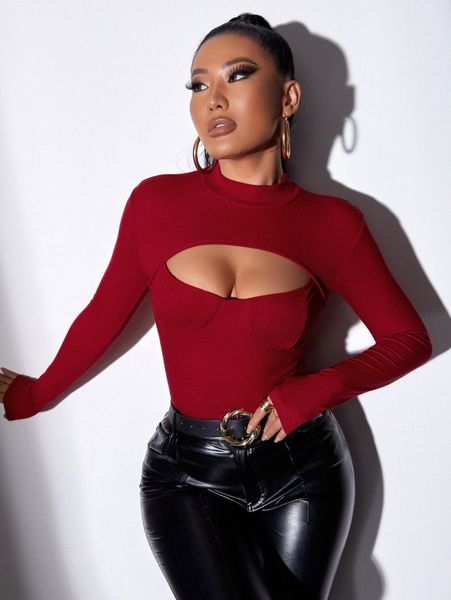 

sxy cut out mock neck tee w7ed#, White