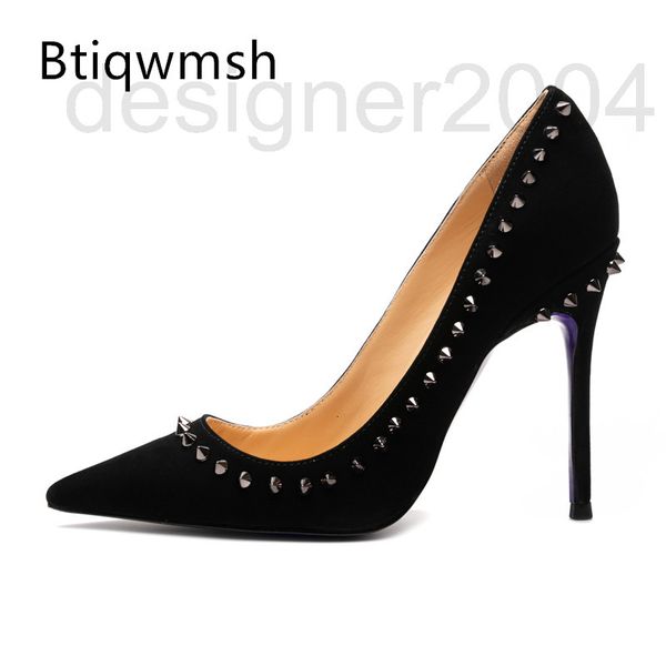 

sandals designer black suede high heel shoes woman pointed toe rivet slip on pumps lady party 8aeh