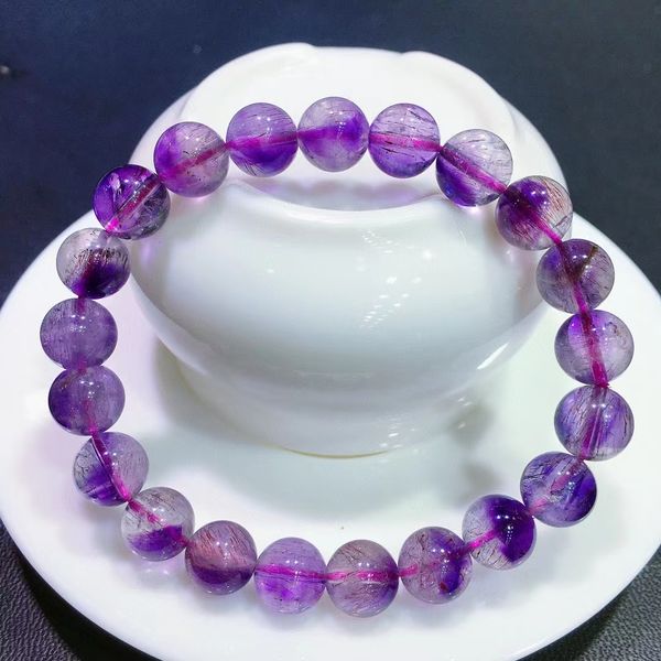 

genuine natural purple super 7 bracelet rare 9.3mm super 7 clear round beads purple rutilated quartz women men aaaaaa, Silver