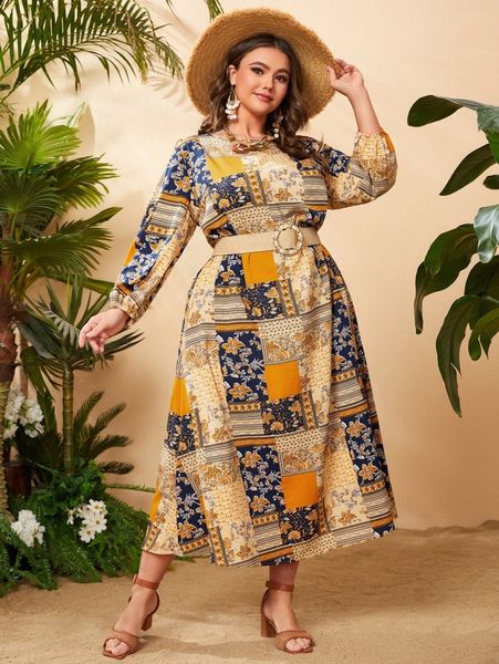 

plus scarf print bishop sleeve dress without belt n3og#, Black