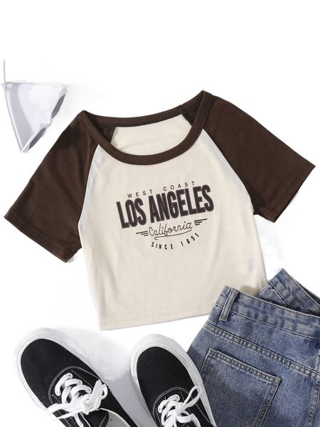 

letter graphic colorblock raglan sleeve tee 628e#, White