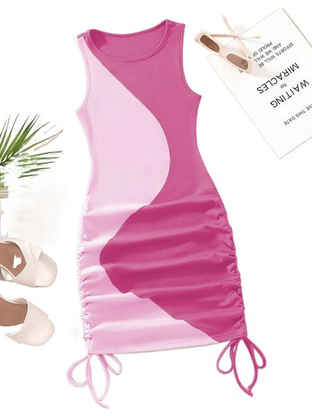 

ribbed knit two tone drawstring dress g6n2#, Black;gray