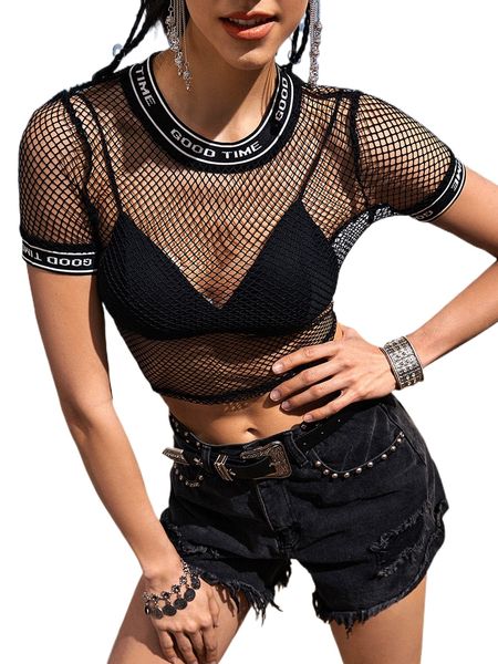 

contrast letter tape crop mesh without bra 50jj#, White