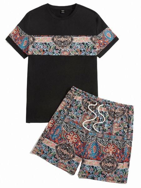 

men floral print tee & drawstring waist shorts t3k4#, Gray