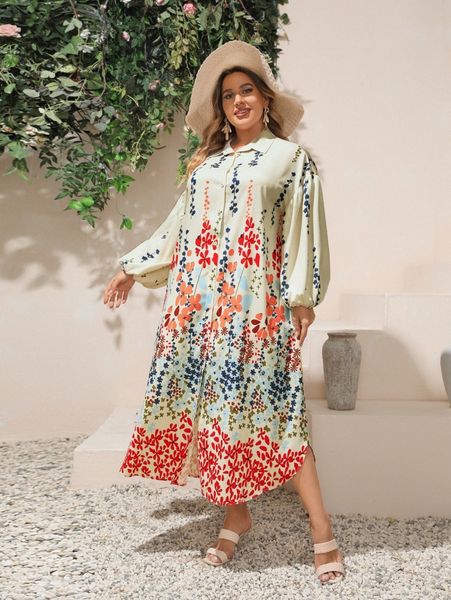 

plus floral print lantern sleeve shirt dress t2zs#, Black