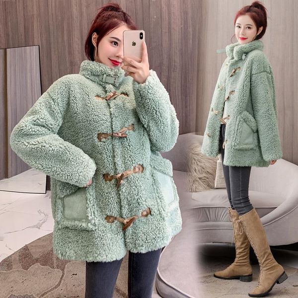

fur & women's faux winter lamb coat horn buckle coats female single-breasted wool outwear casaco woman loose parkas jacket, Black