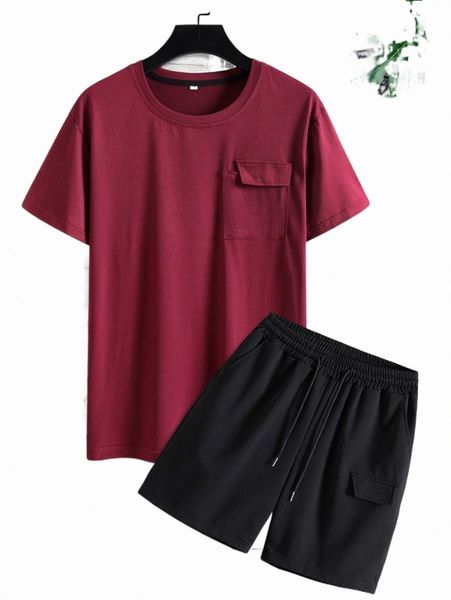 

men flap pocket tee & drawstring waist shorts f2es#, Gray
