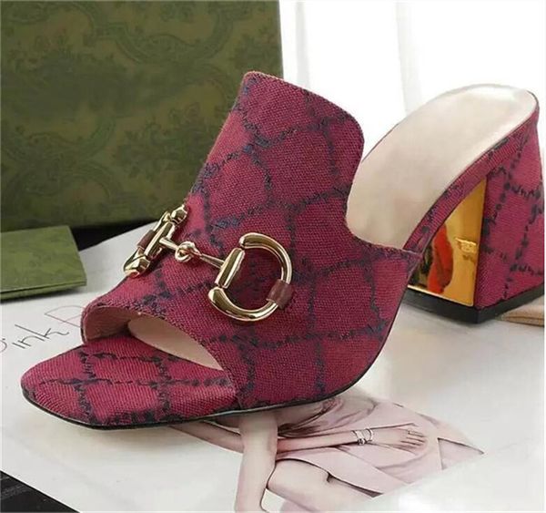 

summer beach slipper fashion 100% leather metal buckle designer women shoes cowhide white black thick heel sandals lady letter half high hee