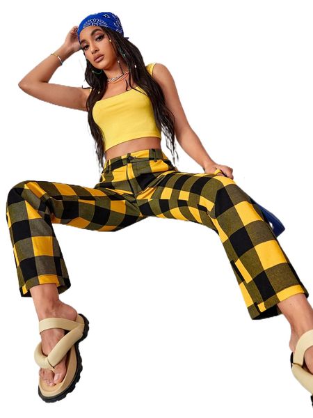 

buffalo plaid print high waist pants r7gg#, Black;white