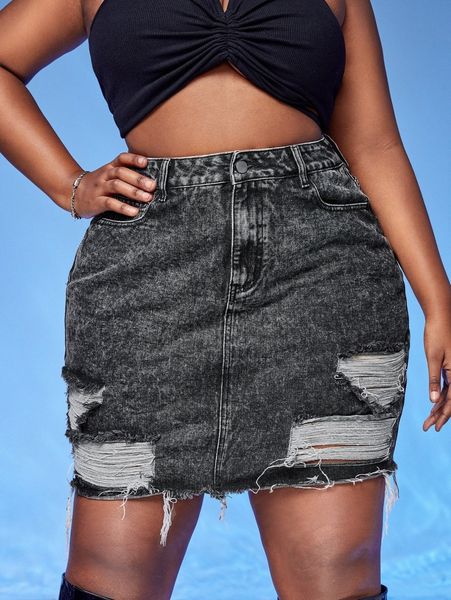 

plus ripped raw hem denim skirt 99vz#, Black