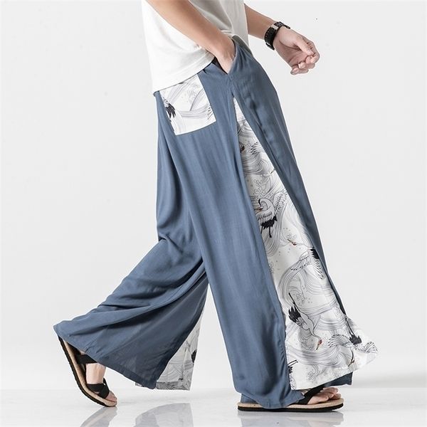 

mrgoldenbowl store summer chinese style cotton pants mens patchwork vintage loose pants male wide leg pants 201126, Black