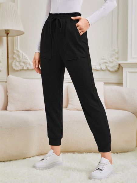 

paperbag waist knot front sweatpants d02x#, Black;white