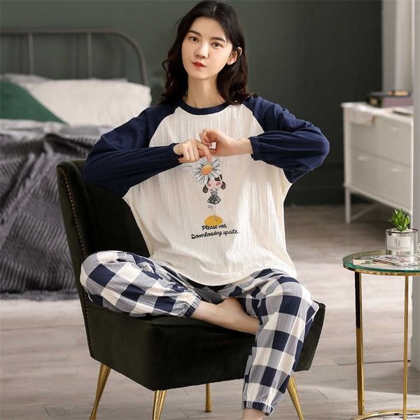 

pure cotton pajamas women's autumn winter long-sleeved 2 piece set loose and can be worn outside cute plus size home suit 210713, Black;red