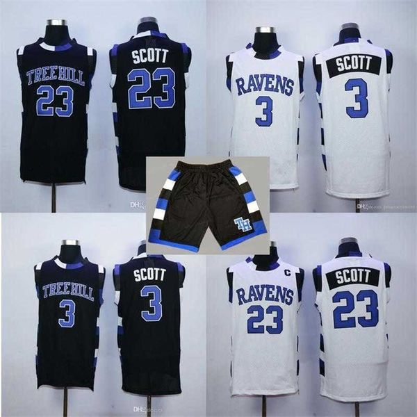 Sjzl98 One Tree Hill Ravens #23 Nathan Scott #3 Lucas Scott Trikots Weiß Blau Schwarz Herren Stickerei Basketball Shirts S-XXL Trikotschuhe