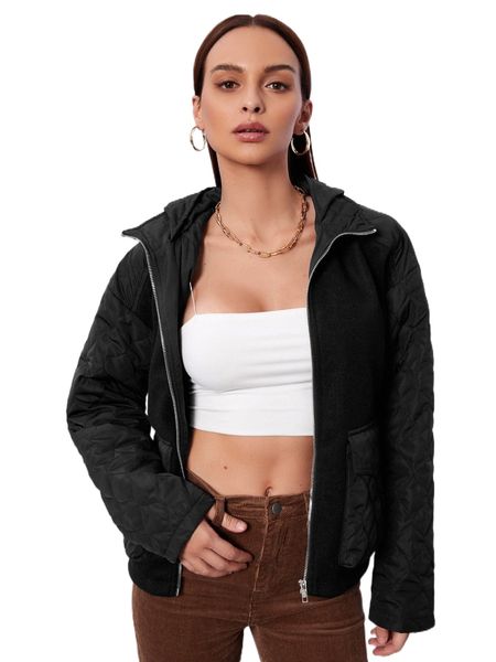 

drop shoulder flap pocket quilted flannel jacket n4ix#, Black;brown