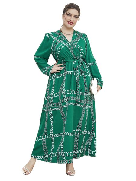 

plus chain print puff sleeve belted maxi dress b0gi#, Black