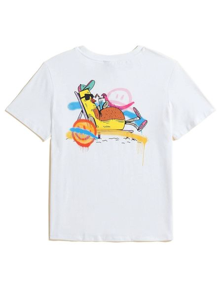 

x rebornz cartoon graphic round neck t-shirt b7c3#, White