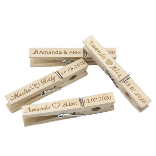 Mollette in legno personalizzate 7.2x1cm Clip in legno Vestiti personalizzati Pags Clip Matrimonio Rustico Baby Shower Party Home Decor 220707