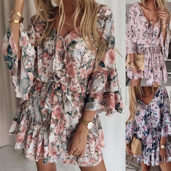 Vestidos casuais Pullover Floral Women Mini Dress 2022 Spring V Neck Flare Moda curta Moda solta Praia estilecasual