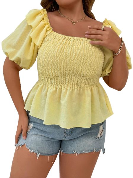 

plus puff sleeve ruffle trim shirred bodice peplum blouse u8pi#, Black