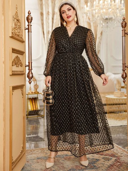 

plus geo mesh overlay lantern sleeve dress u5xx#, Black