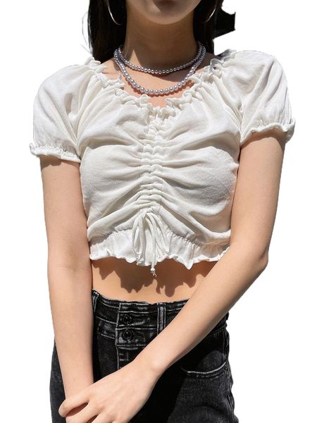 

dazy drawstring front lettuce trim puff sleeve crop tee v8hm#, White