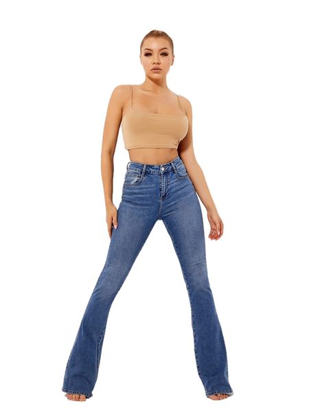 

high waist bleach wash flare leg jeans i59f#, Blue