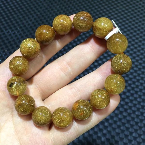 

natural gold rutilated titanium quartz crystal bracelet 14mm brazil woman man round beads bangle wealthy bracelet brazil aaaaaa, Silver