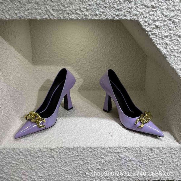 

dress shoes metal chain fashion pointed high heels women's korean patent leather shallow mouth single shoes in spring and summer 6m3a, Black