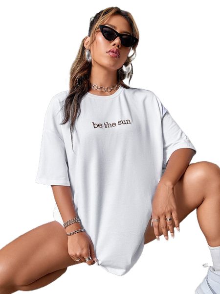 

slogan embroidered drop shoulder tee d7ak#, White