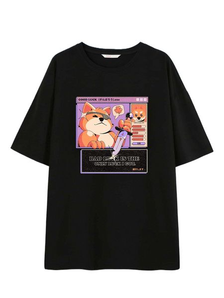 

romwe x ilustrata slogan cartoon graphic drop shoulder tee u3w6#, White