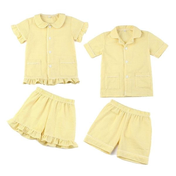 

summer girls sleepwear kids pyjamas cotton seersucker boys clothes pajama set toddler pajamas 220507, Blue;red