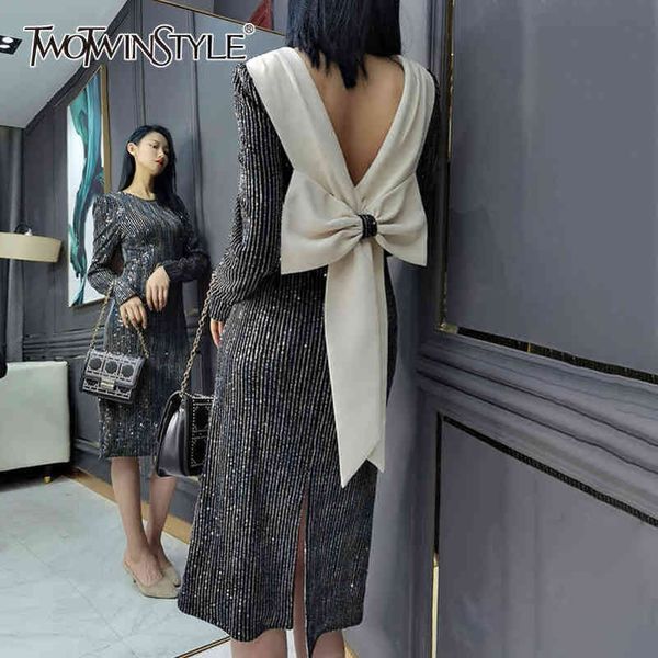 

patchwork bowknot dress for women o neck long sleeve high waist split slim dresses female fashion clothes 210423, Black;gray