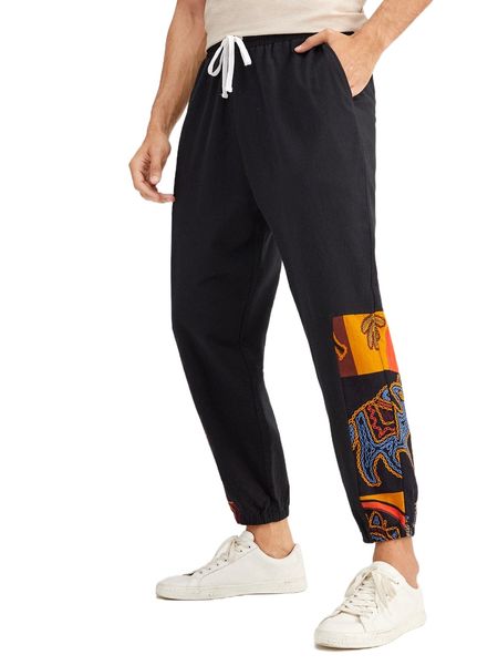

men drawstring waist graphic print pants u3xi#, Black
